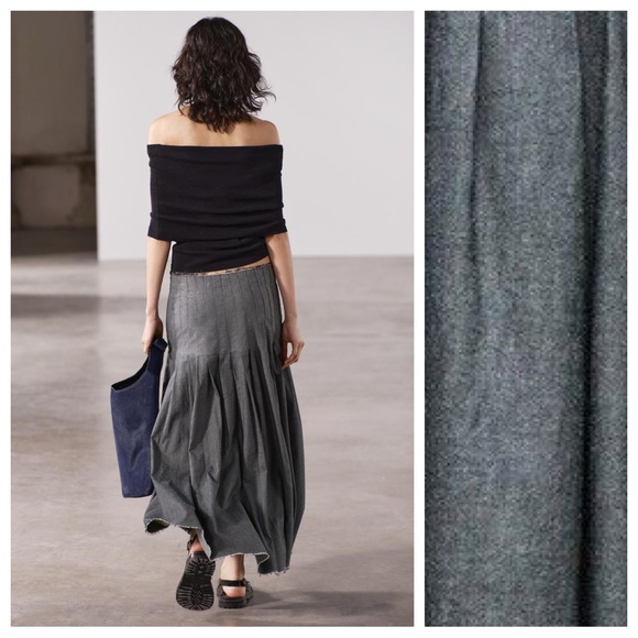 NWT. Zara ZW Collection Blue/Gray Pleated High-Waist Midi Skirt. Size L. - Picture 3 of 12